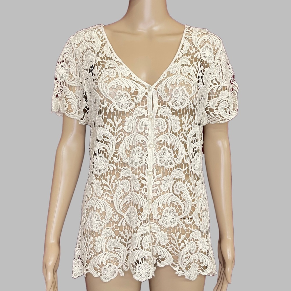 Questions by Say What? Crochet Short Sleeve Button V-Neck 1X